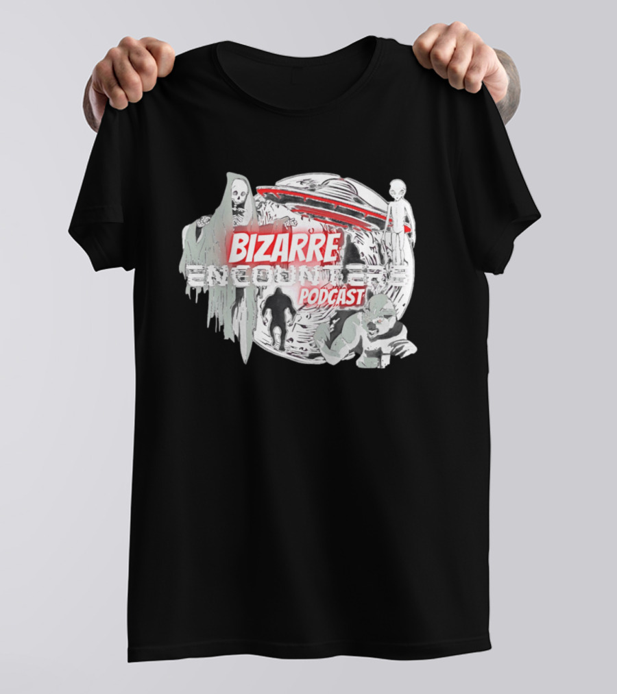 Bizarre Encounters Podcast UFO Aliens Skeletons Paranormal Illustrations T-Shirt