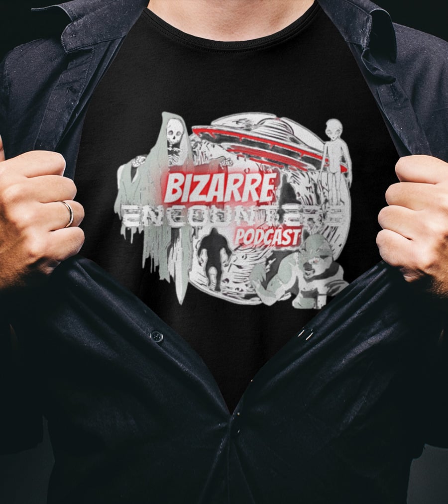 Bizarre Encounters Podcast UFO Aliens Skeletons Paranormal Illustrations T-Shirt