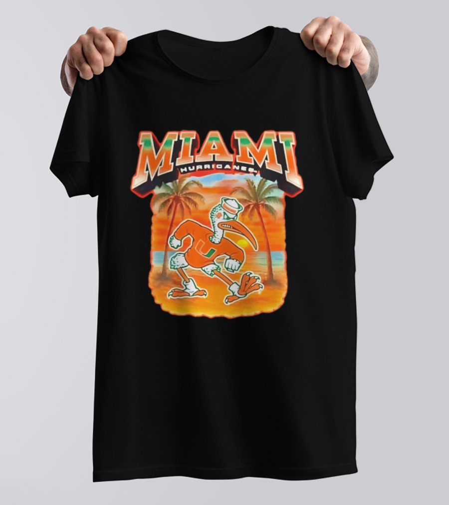 Miami Hurricanes Sebastian With Palm Trees And Sunset Beach Scene T-Shirt