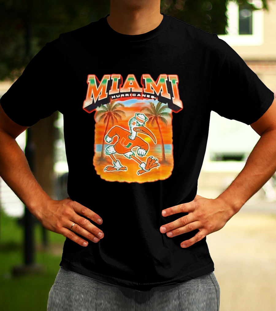 Miami Hurricanes Sebastian With Palm Trees And Sunset Beach Scene T-Shirt