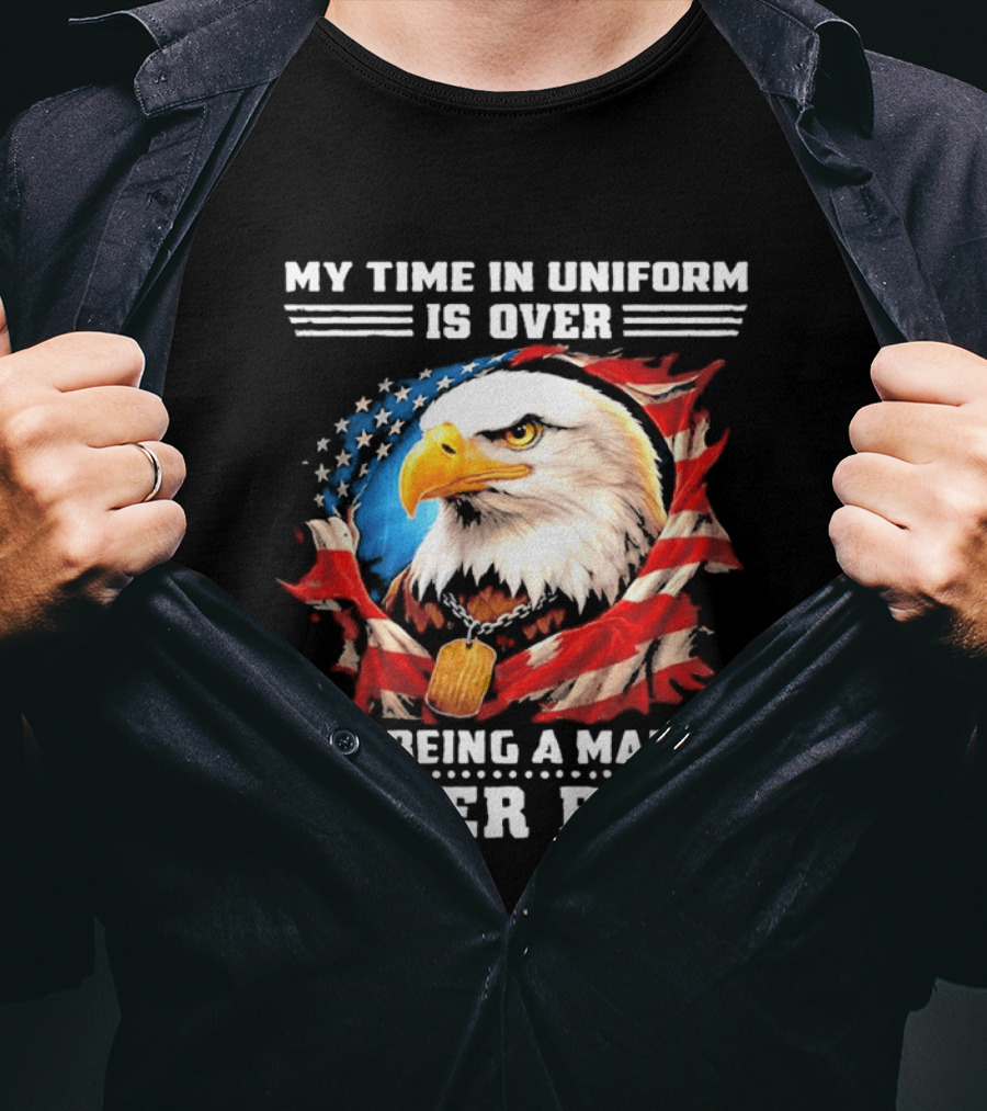 My Time In Uniform Is Over But Being A Marine Never Ends Eagle American Flag T-Shirt
