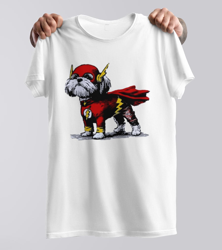 Shih Tzu Dog In The Flash Superhero Costume With Lightning Bolt T-Shirt