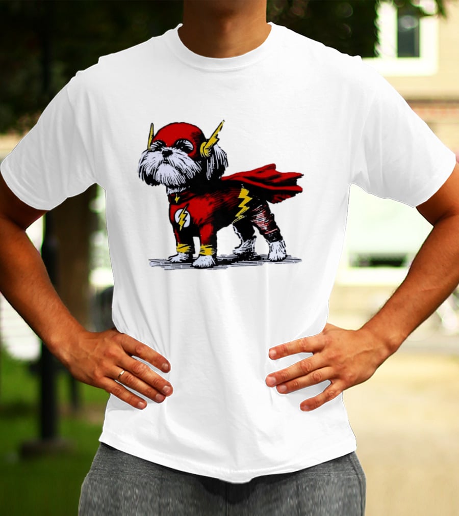 Shih Tzu Dog In The Flash Superhero Costume With Lightning Bolt T-Shirt