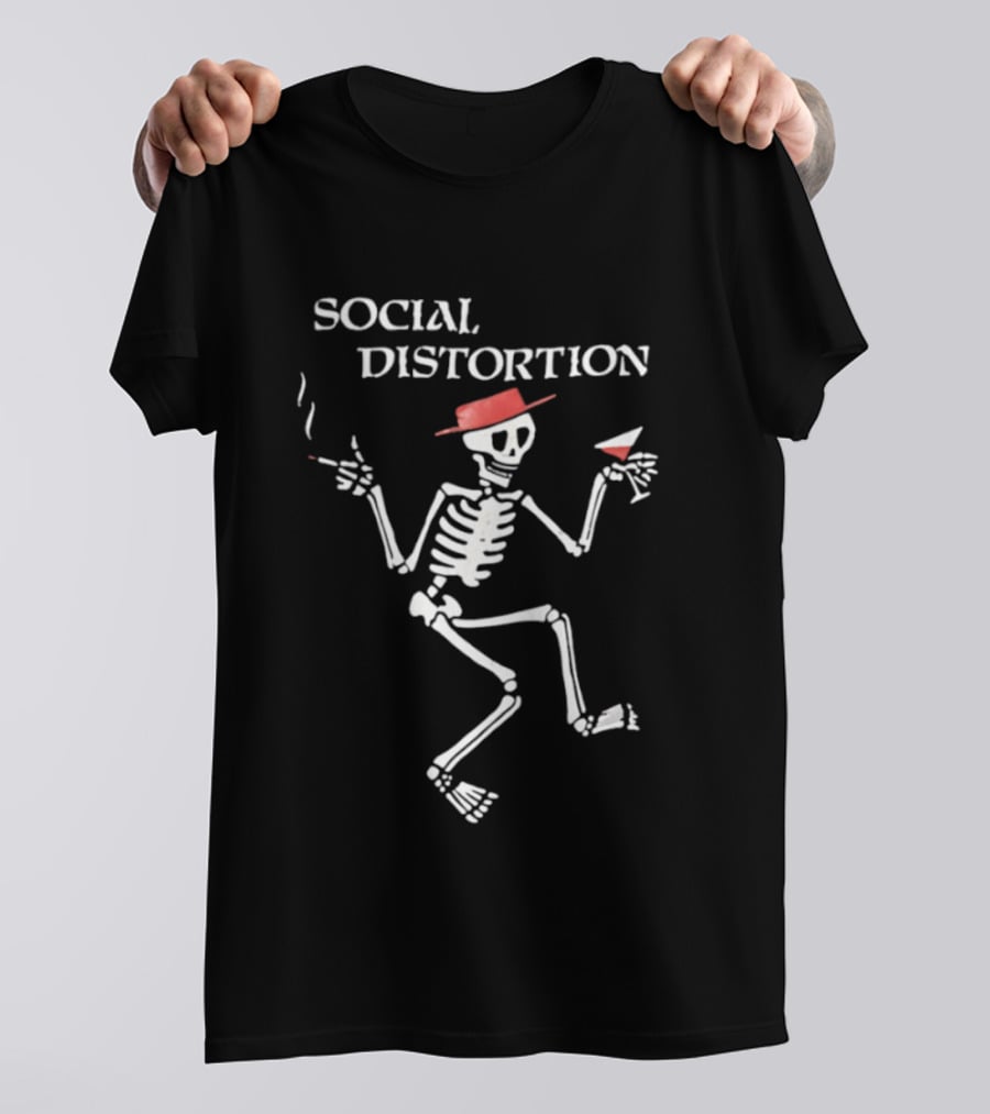 Social Distortion Skeleton Smoking Martini Red Hat T-Shirt