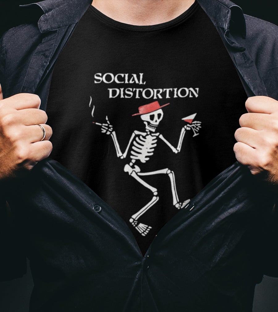 Social Distortion Skeleton Smoking Martini Red Hat T-Shirt
