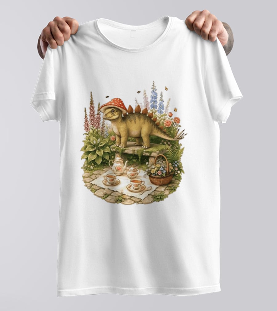 Baby Stegosaurus Wearing Red Mushroom Hat With Vintage Tea Party Garden Scene T-Shirt