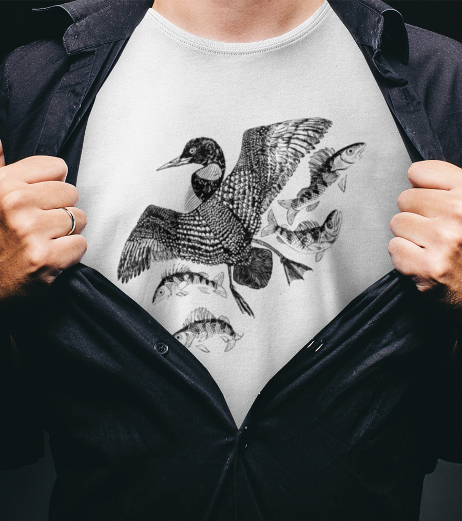 Common Loon And Fish Nature Scene Black T-Shirt
