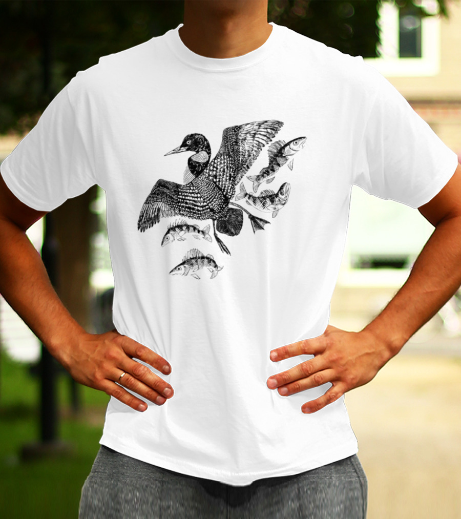 Common Loon And Fish Nature Scene Black T-Shirt