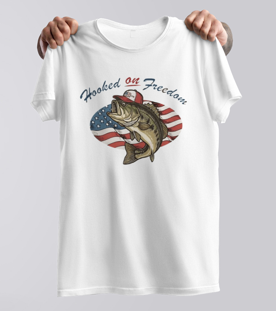 Hooked On Freedom American Flag 1776 250th Anniversary Bass Fish USA Hat Stars And Stripes T-Shirt