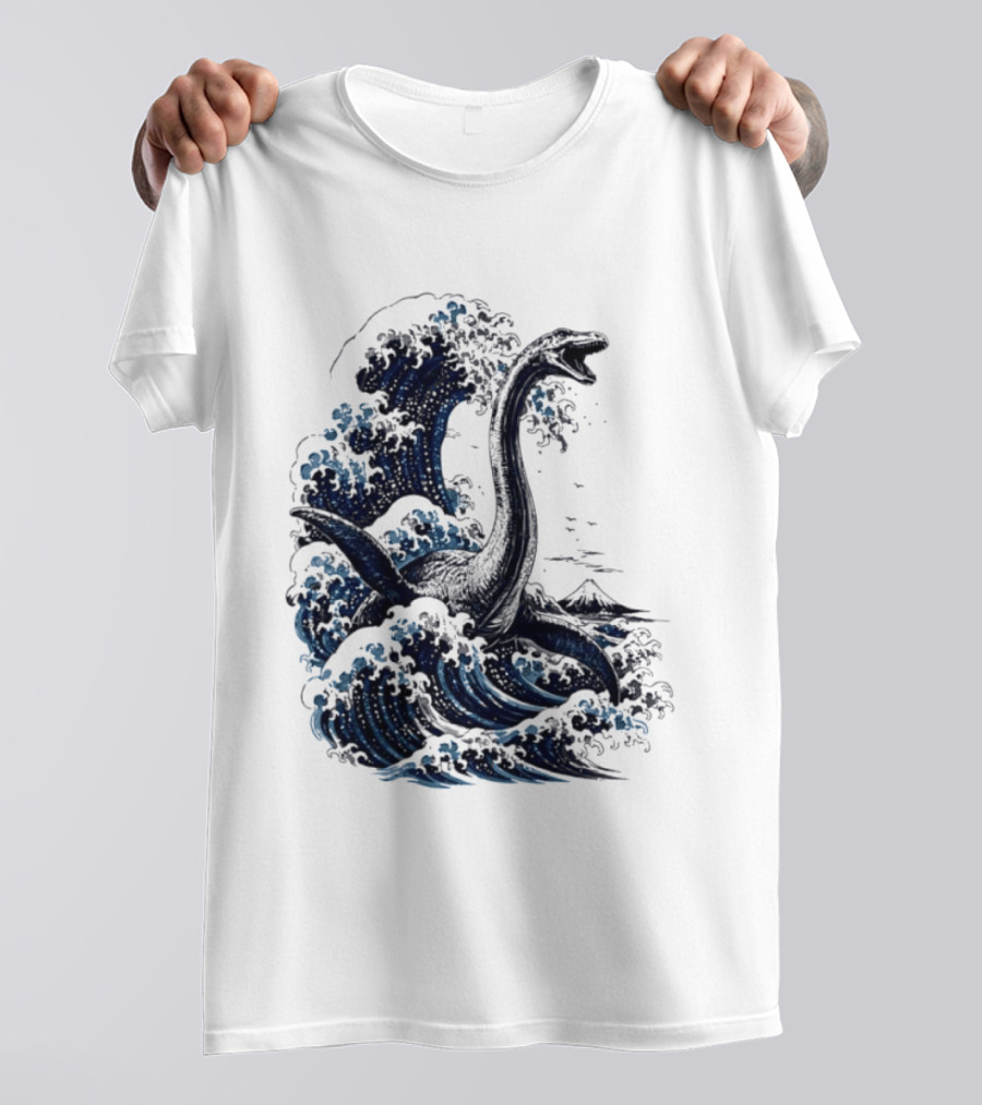 Great Wave Off Kanagawa Loch Ness Monster Mount Fuji Fusion T-Shirt
