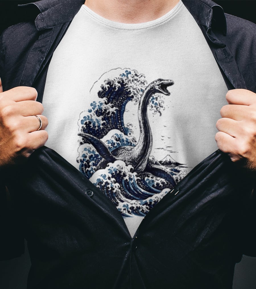 Great Wave Off Kanagawa Loch Ness Monster Mount Fuji Fusion T-Shirt