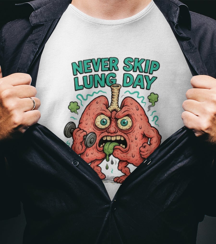 Never Skip Lung Day Funny Fitness Cartoon Lungs Lifting Weights T-Shirt