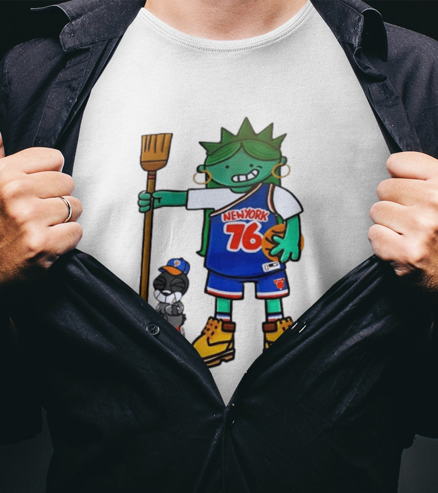 New York 76 Knicks Statue Liberty Broom Basketball 2024 T-Shirt