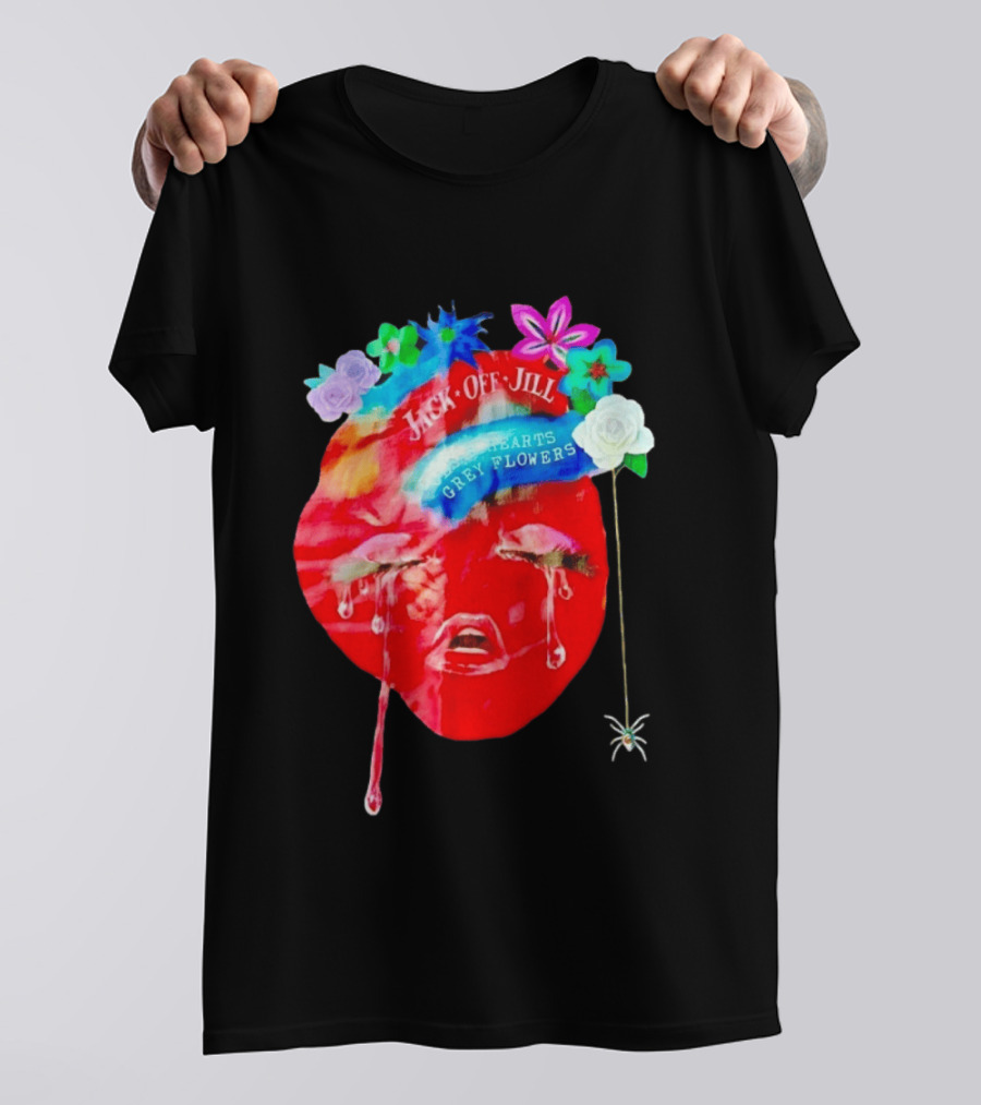 Jack Off Jill Clear Hearts Grey Flowers Crying Face With Colorful Floral Accents T-Shirt