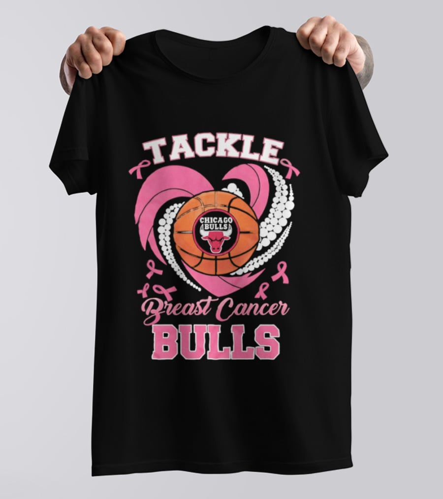 Tackle Breast Cancer Bulls Heart Pink Ribbons T-Shirt