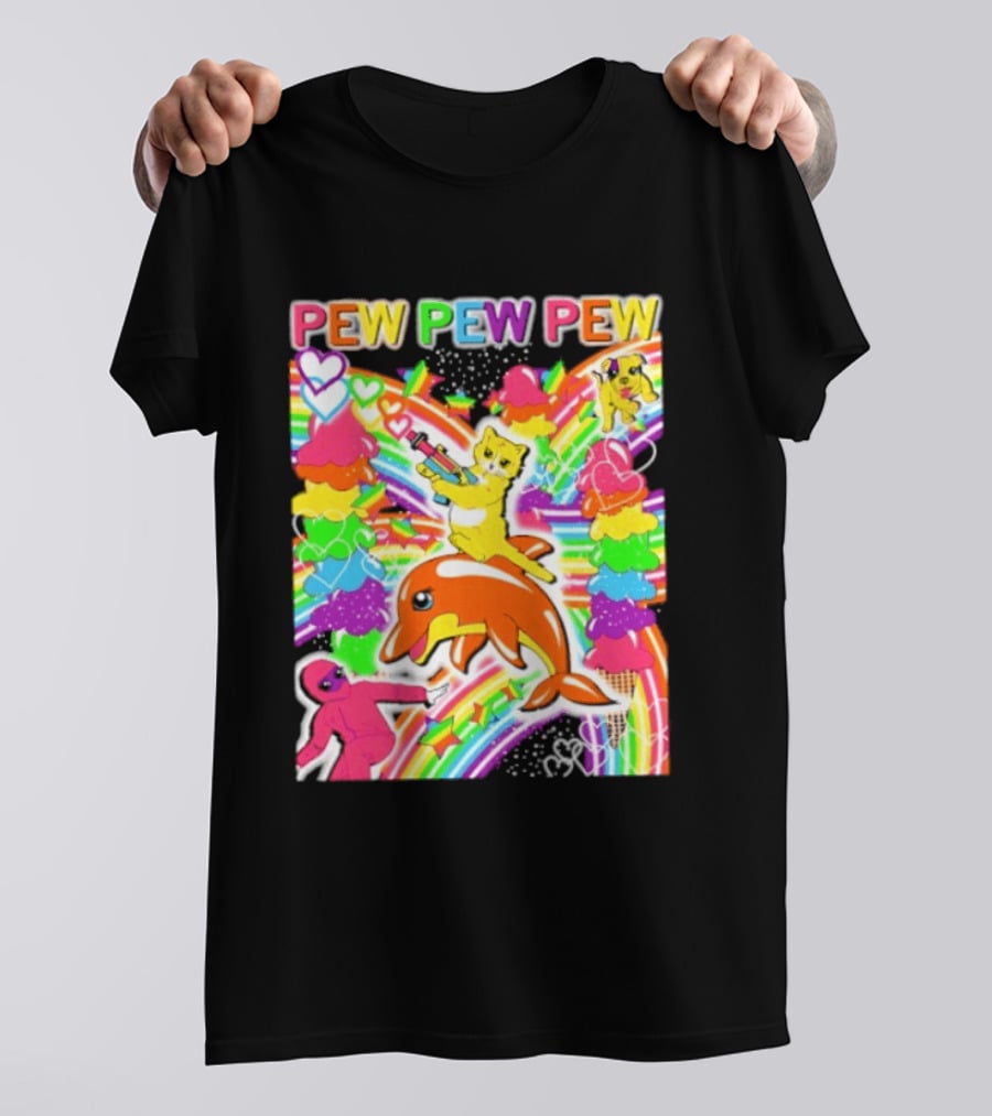 Pew Pew Pew Rainbow Pride Fun With Colorful Dolphins And Hearts T-Shirt