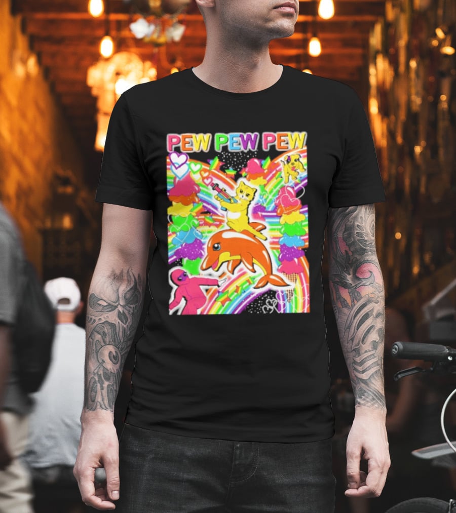 Pew Pew Pew Rainbow Pride Fun With Colorful Dolphins And Hearts T-Shirt