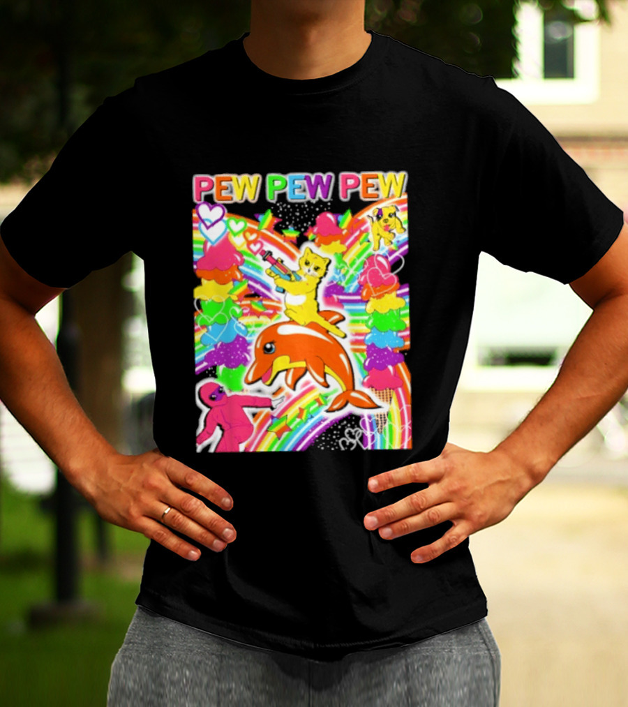 Pew Pew Pew Rainbow Pride Fun With Colorful Dolphins And Hearts T-Shirt