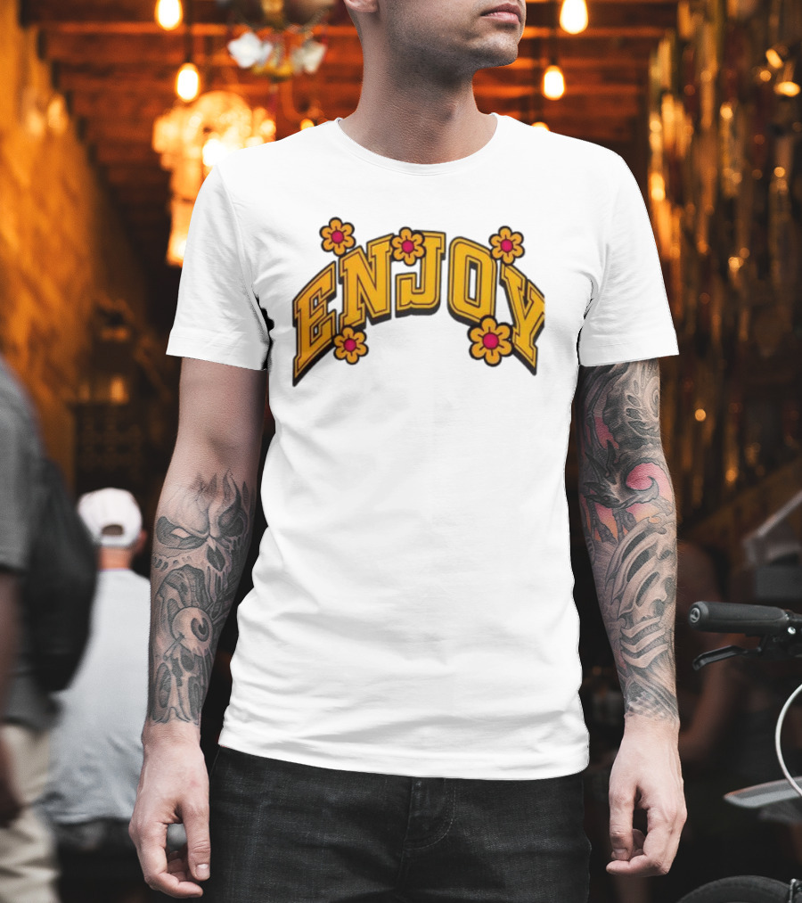 Enjoy Curved Flowers Yellow Font Floral Blossoms T-Shirt