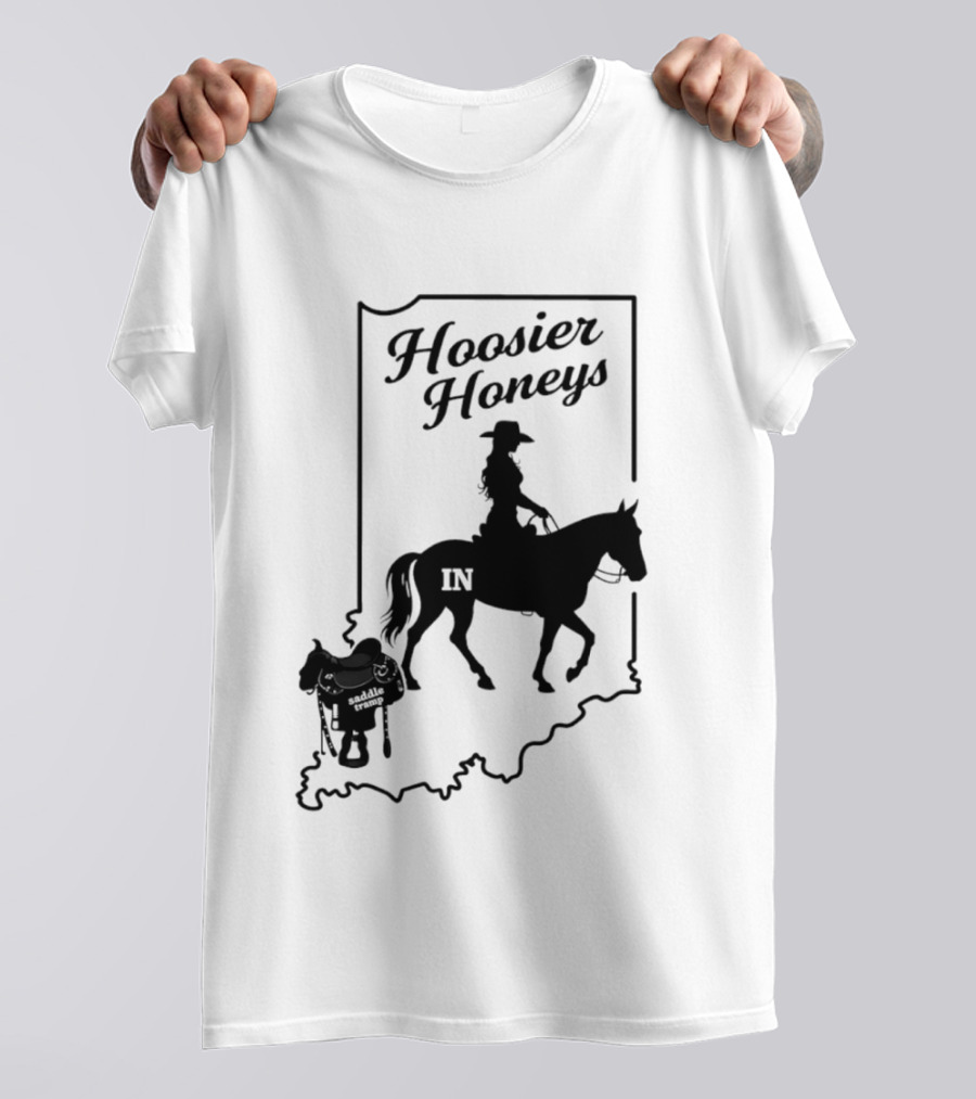 Hoosier Honeys Saddle Tramp Indiana State Map IN Horseback T-Shirt