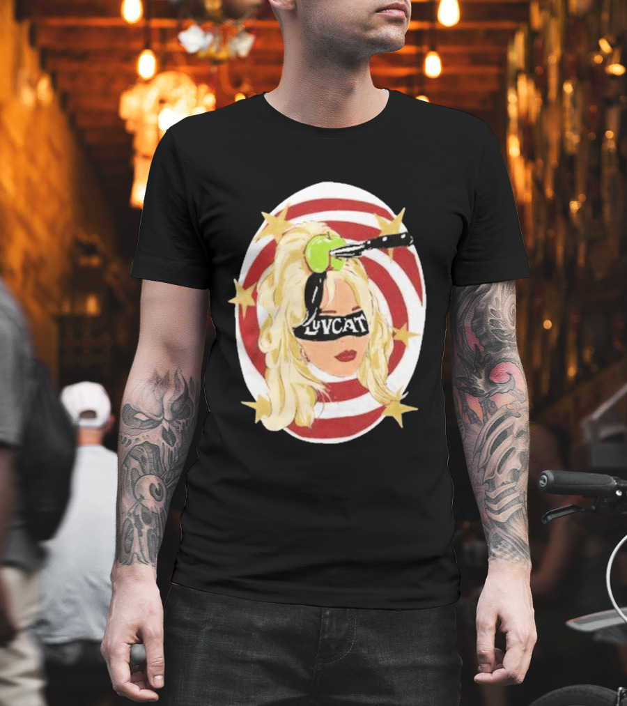 Luvcat Blonde Woman Bullseye Knife Apple Starburst T-Shirt