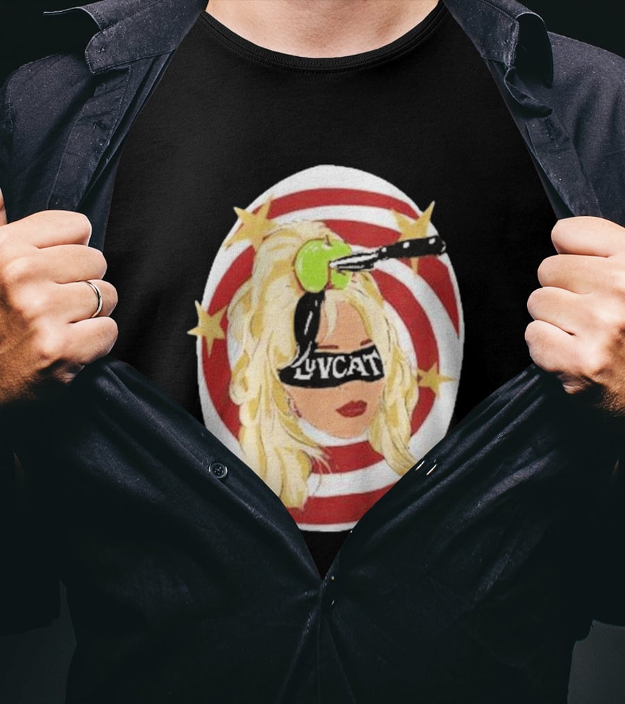 Luvcat Blonde Woman Bullseye Knife Apple Starburst T-Shirt