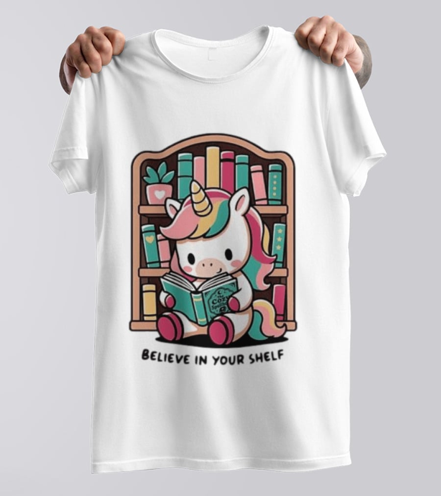 Unicorn Reading Believe In Your Shelf Bookshelf Magic T-Shirt