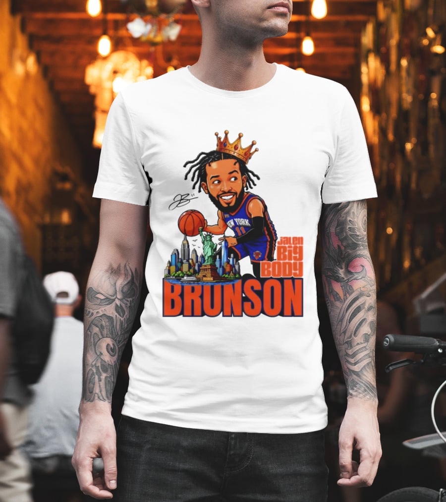 Jalen Brunson King Of NY Caricature With Statue Of Liberty And New York Skyline T-Shirt