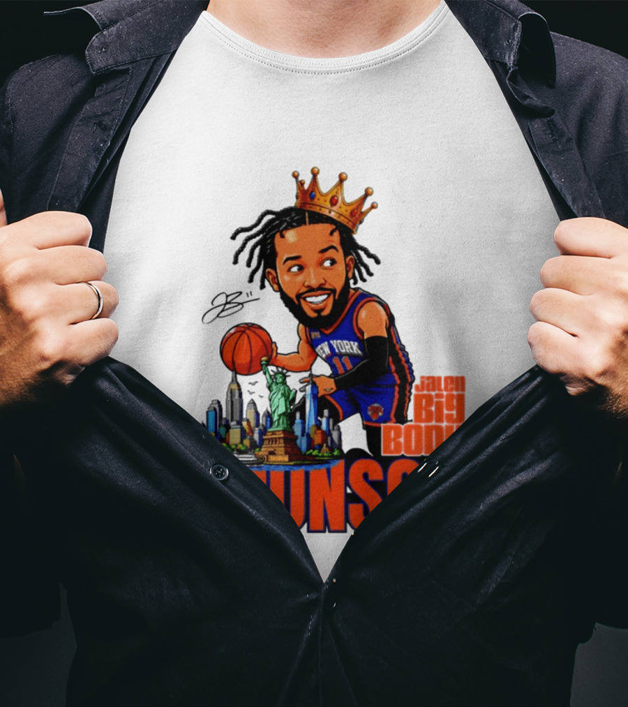 Jalen Brunson King Of NY Caricature With Statue Of Liberty And New York Skyline T-Shirt