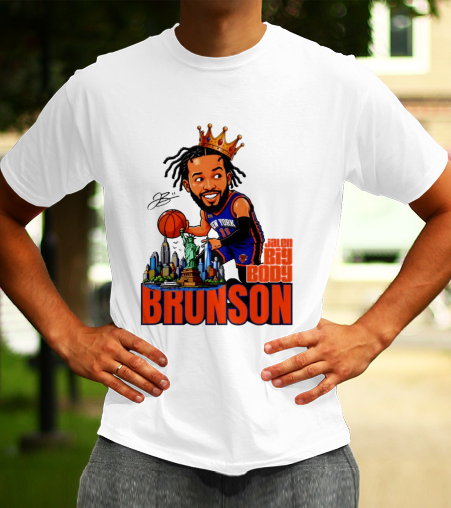 Jalen Brunson King Of NY Caricature With Statue Of Liberty And New York Skyline T-Shirt