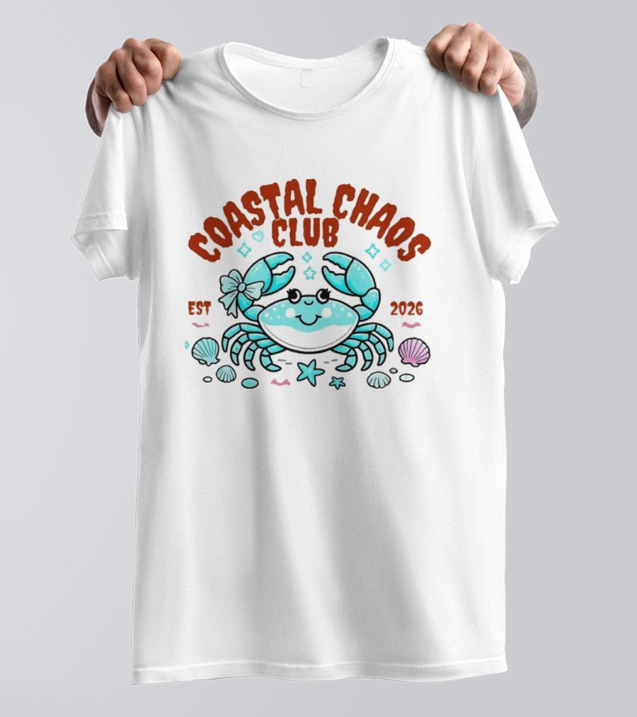 Coastal Chaos Club Est 2026 Smiling Crab Seashells Starfish Bow T-Shirt