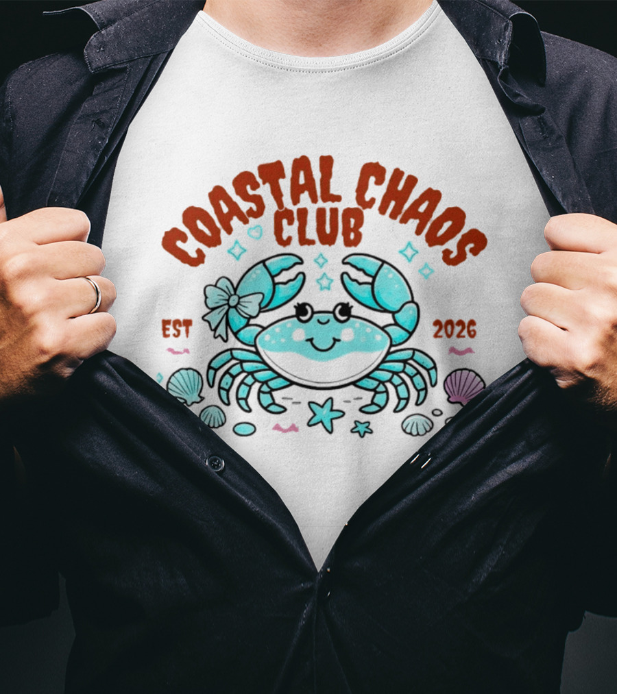 Coastal Chaos Club Est 2026 Smiling Crab Seashells Starfish Bow T-Shirt