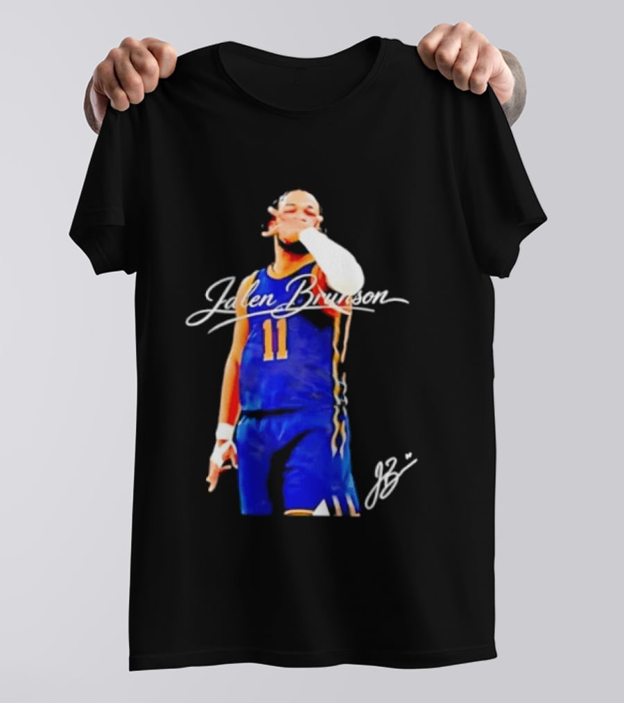 Jalen Brunson 11 Signature Gesture Basketball Blue Uniform T-Shirt