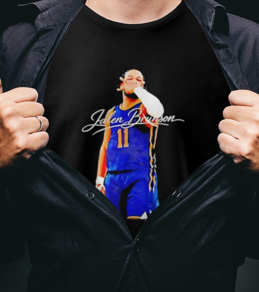 Jalen Brunson 11 Signature Gesture Basketball Blue Uniform T-Shirt