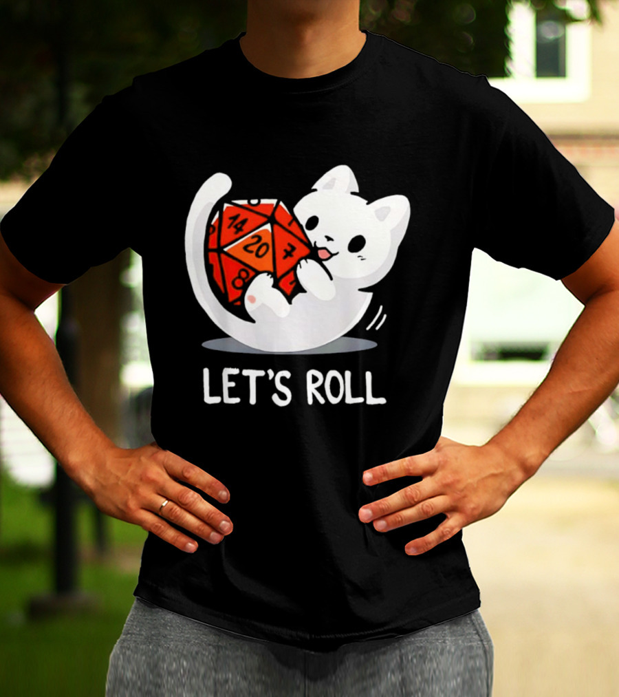 Let's Roll Cat Holding 20 Sided Die Dungeons And Dragons T-Shirt