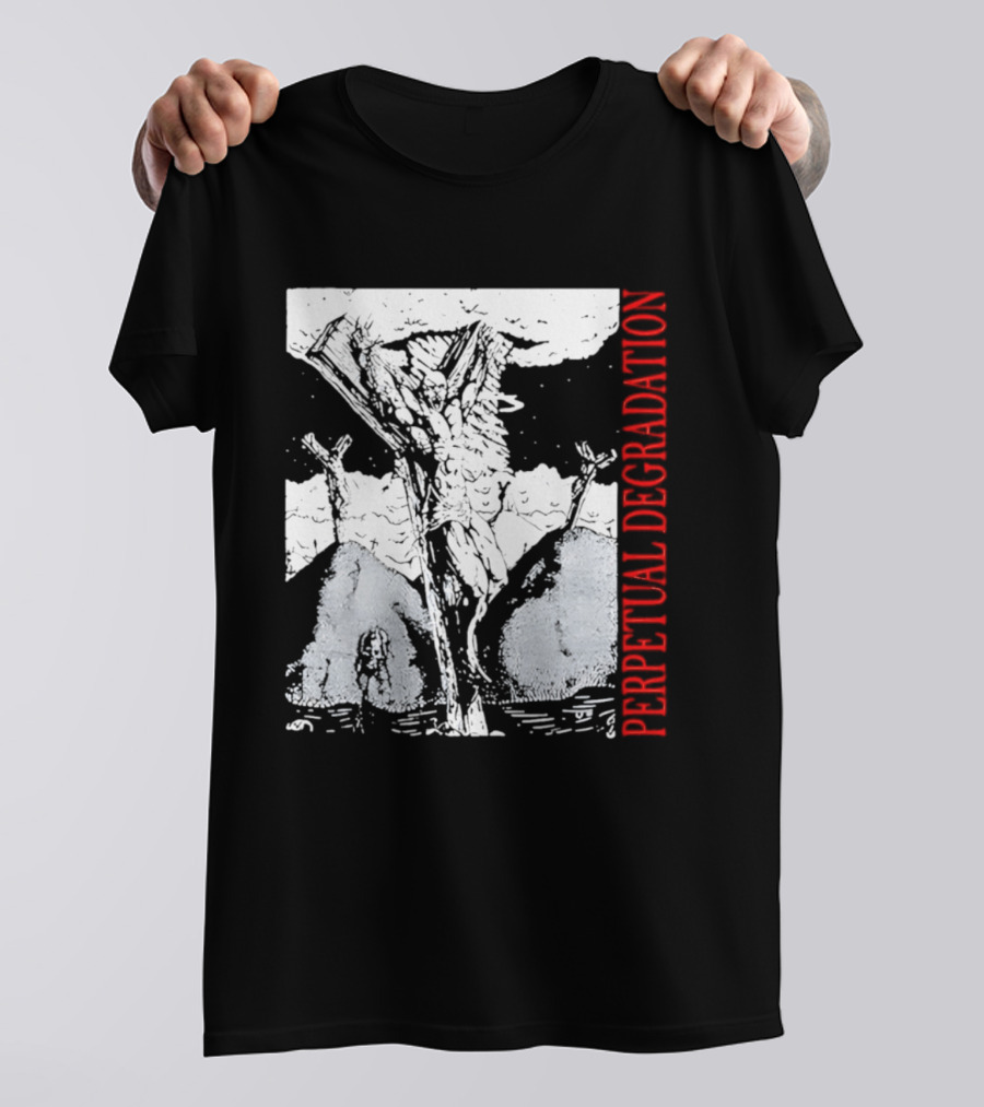 Perpetual Degradation Monster Crucifixion Skull Mountains Clouds T-Shirt