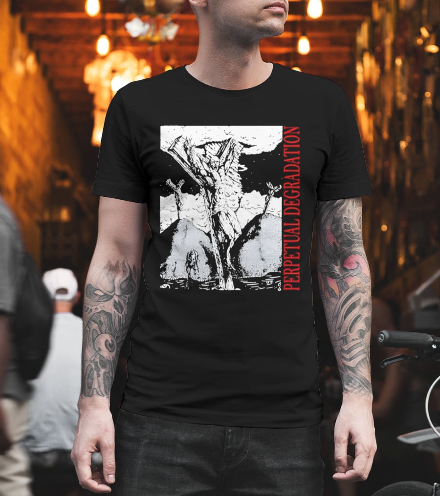Perpetual Degradation Monster Crucifixion Skull Mountains Clouds T-Shirt