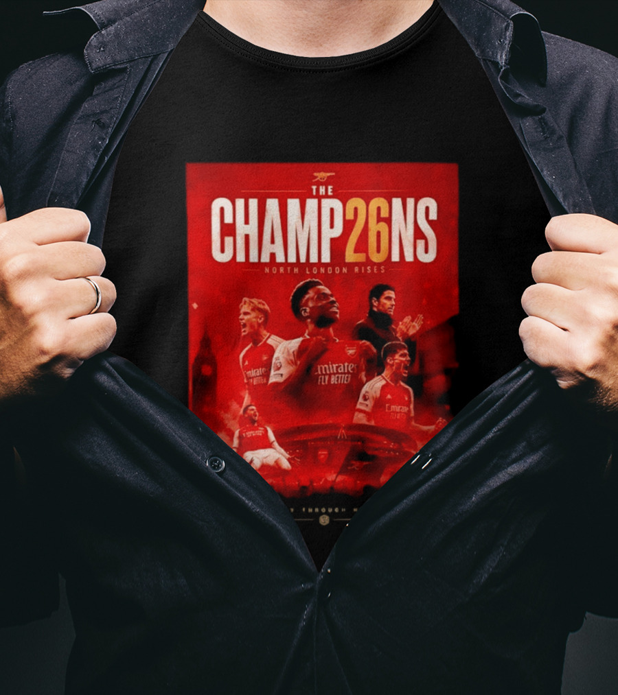 Arsenal FC The Champ26ns North London Rises Emirates Fly Better 2026 T-Shirt