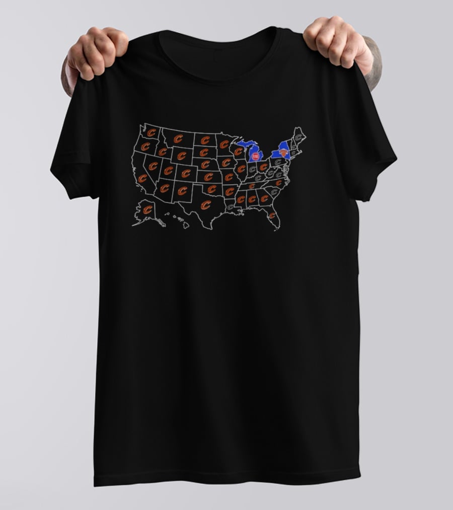 Cleveland Cavaliers NBA Map Of States With Team Logos T-Shirt