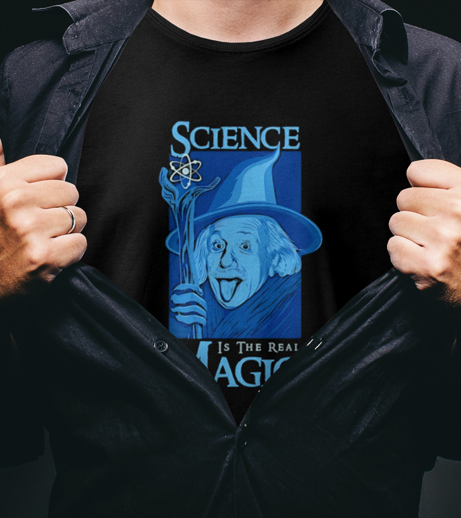 Science Is The Real Magic Einstein Wizard Motif T-Shirt