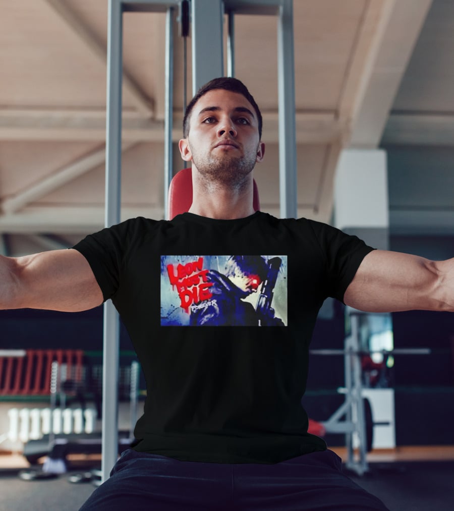 Leon Must Die Forever Red Text Gaming Warrior With Dark Gunfighter T-Shirt