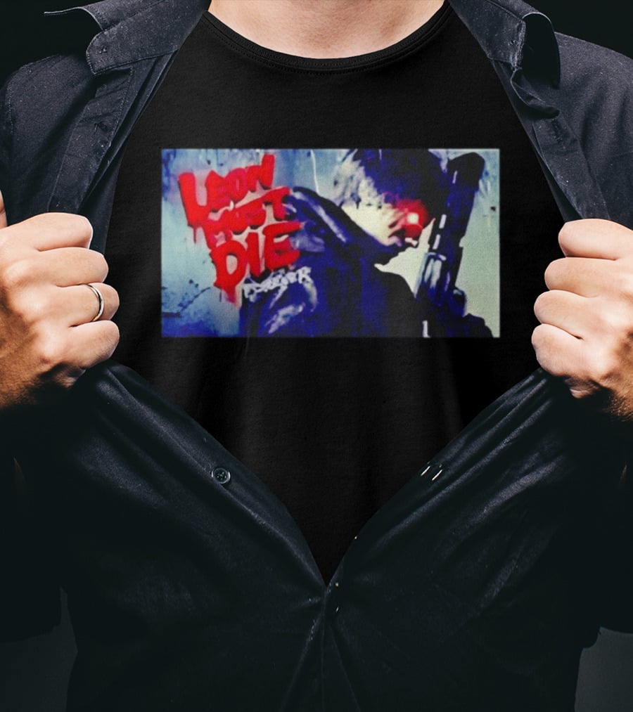 Leon Must Die Forever Red Text Gaming Warrior With Dark Gunfighter T-Shirt