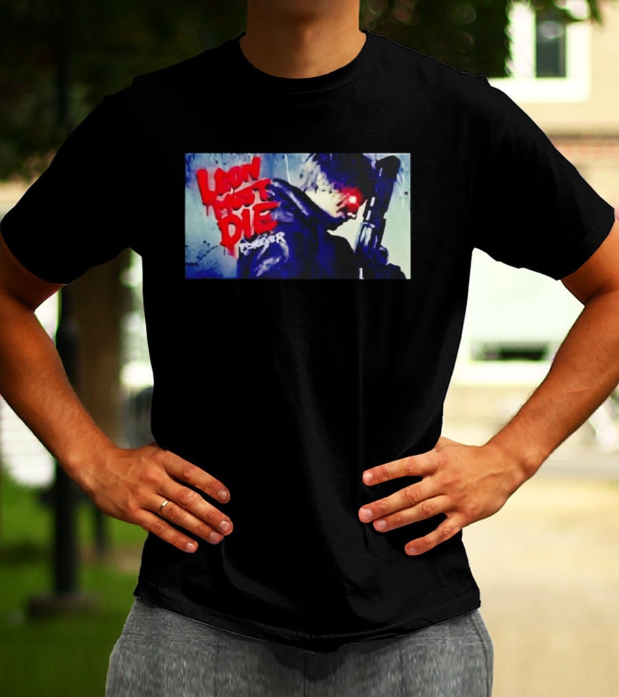 Leon Must Die Forever Red Text Gaming Warrior With Dark Gunfighter T-Shirt