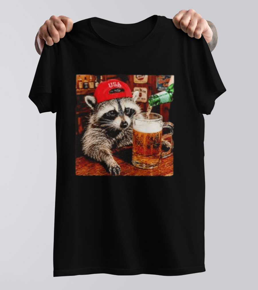 Patriotic Raccoon USA Hat Drinking Beer In Bar Scene T-Shirt