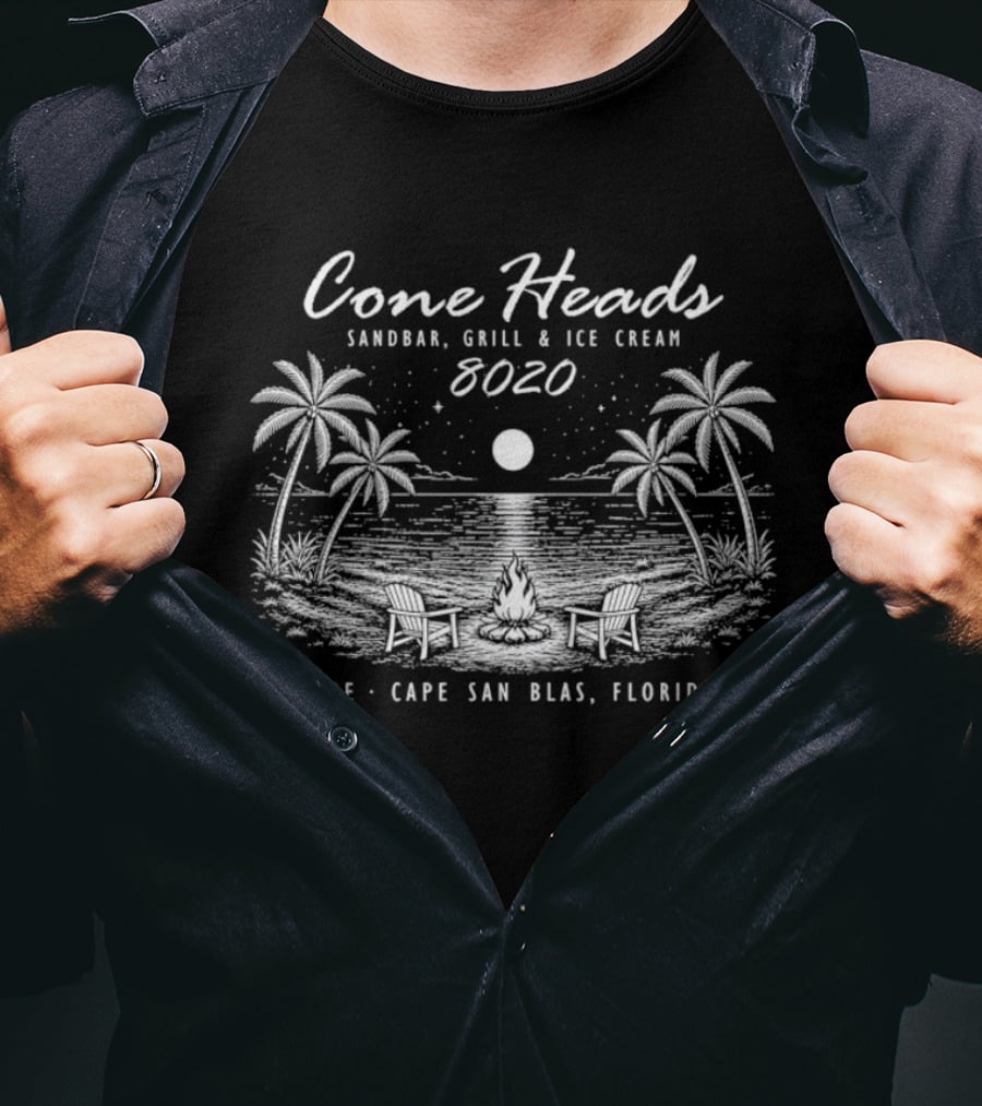 Cone Heads Sandbar Grill And Ice Cream 8020 30e Cape San Blas Florida Palms And Ocean Scene T-Shirt