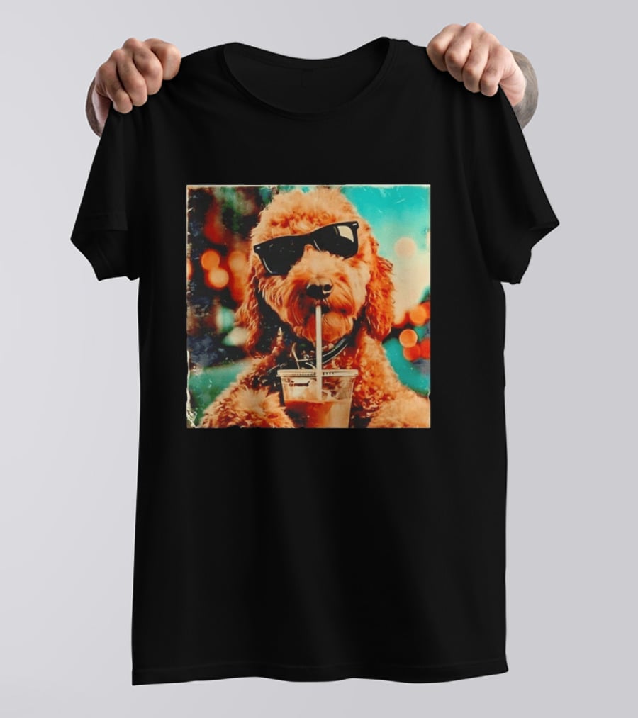 Goldendoodle With Sunglasses Enjoying Iced Coffee Retro Cool Vibes T-Shirt