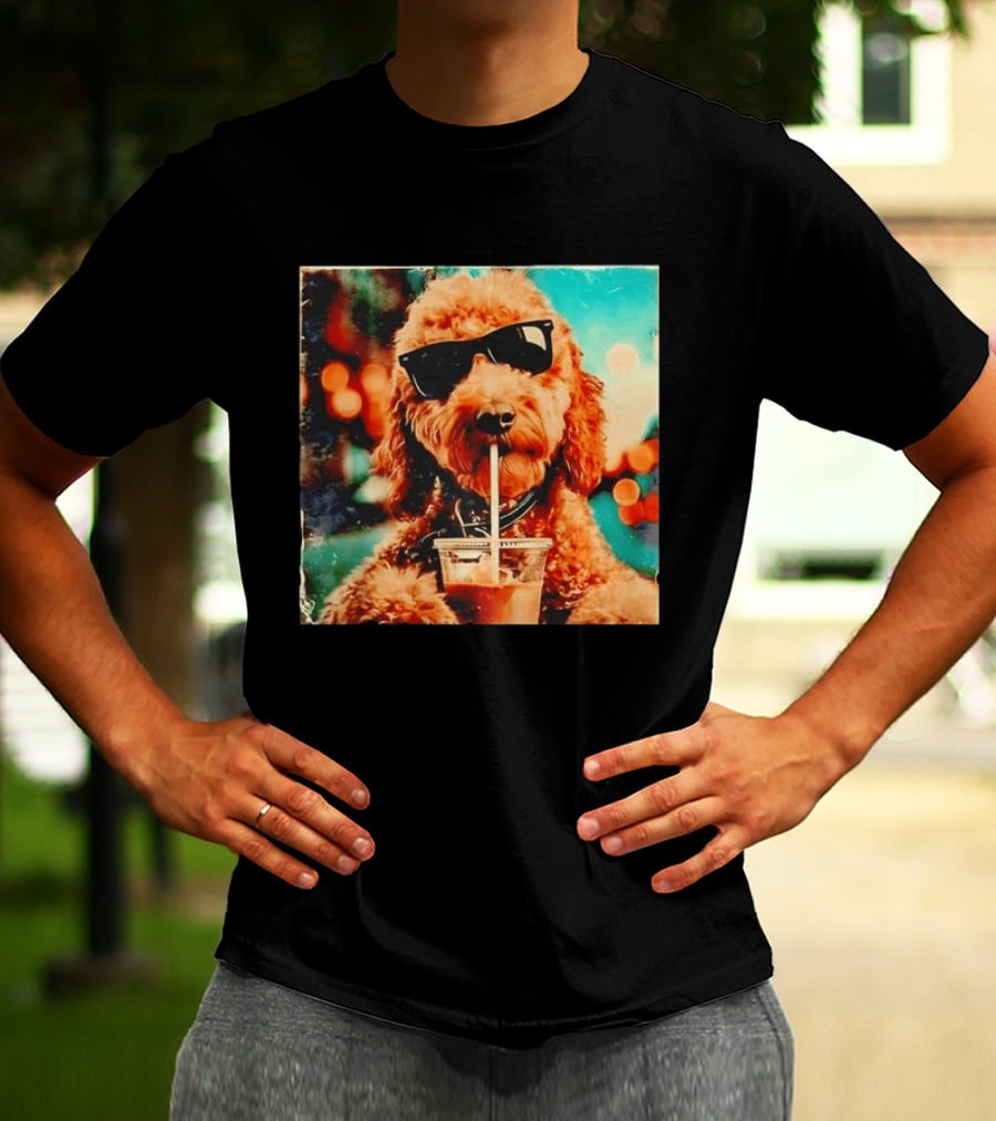 Goldendoodle With Sunglasses Enjoying Iced Coffee Retro Cool Vibes T-Shirt