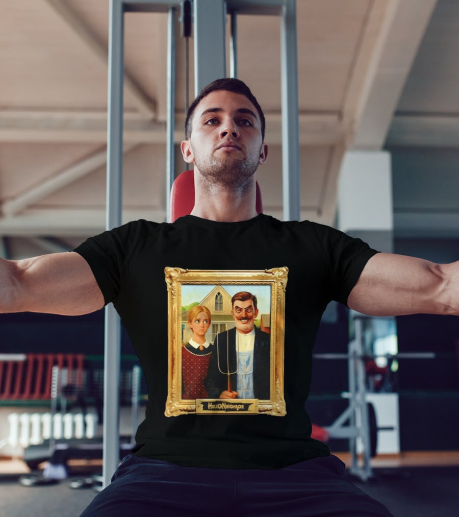 Hello Neighbor American Gothic Man Pitchfork Girl Painting Frame T-Shirt