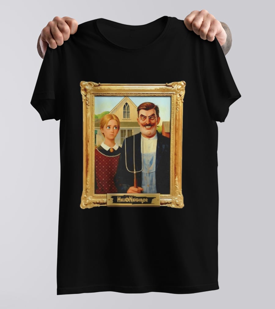 Hello Neighbor American Gothic Man Pitchfork Girl Painting Frame T-Shirt