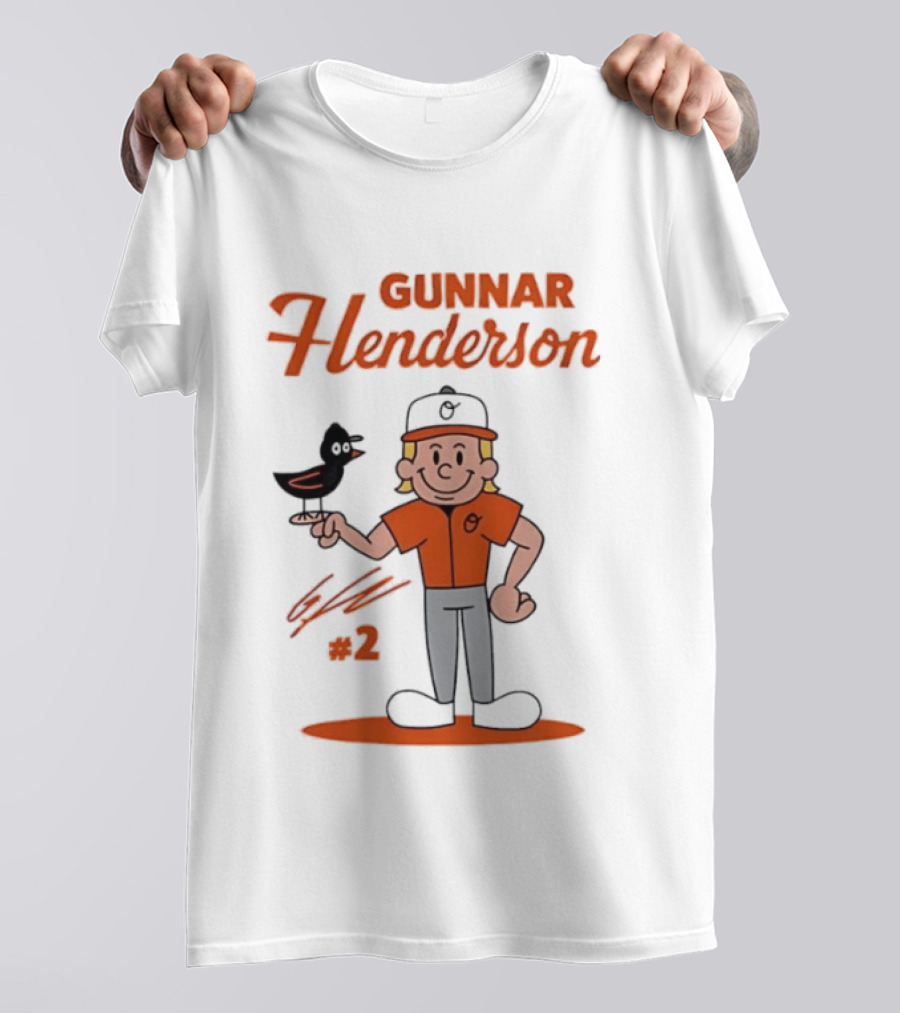 Gunnar Henderson Baltimore Orioles MLB Player Cartoon Character With Bird And Number 2 T-Shirt